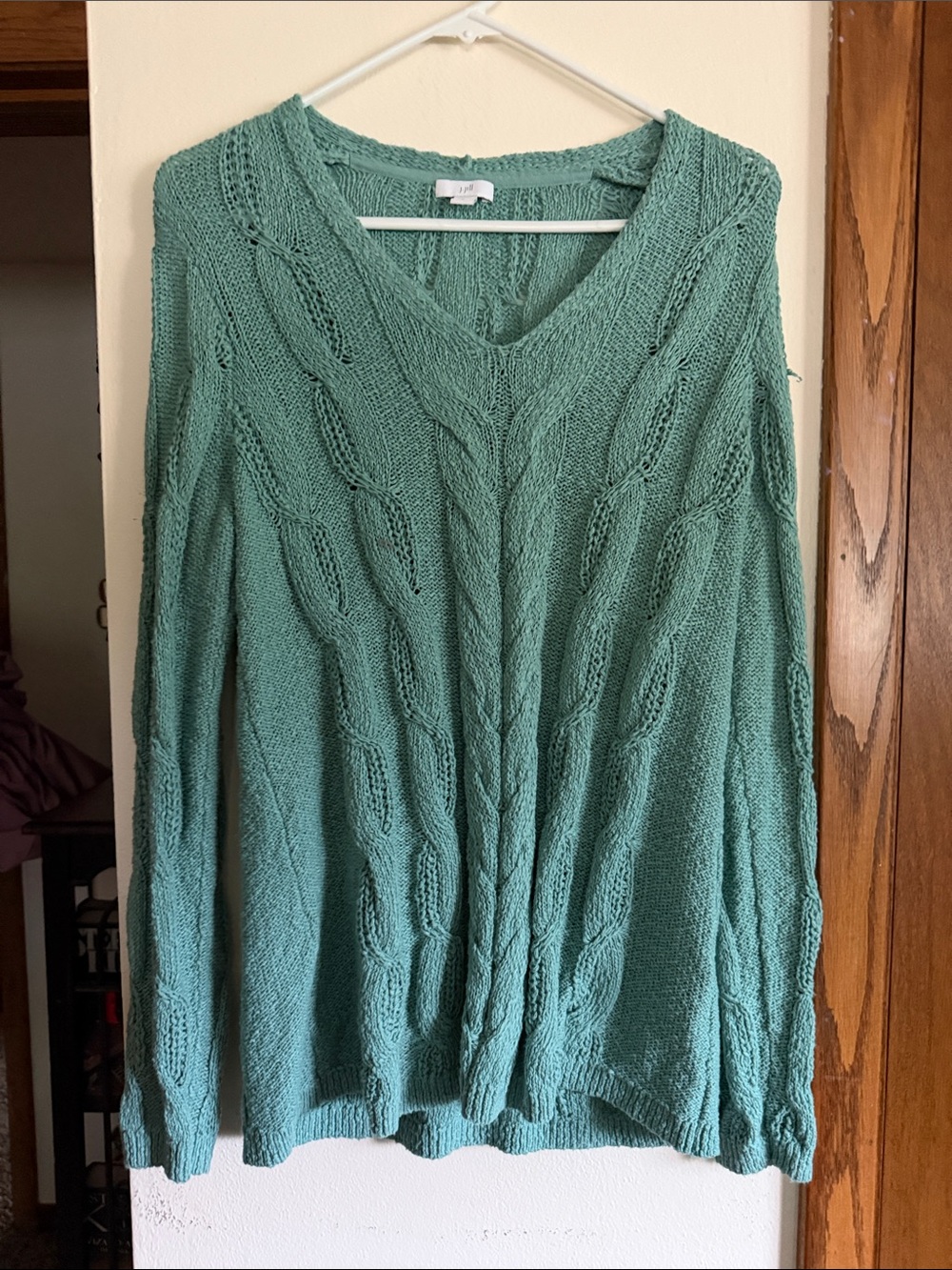 J. Jill spring green Cable Knit V-Neck Sweater